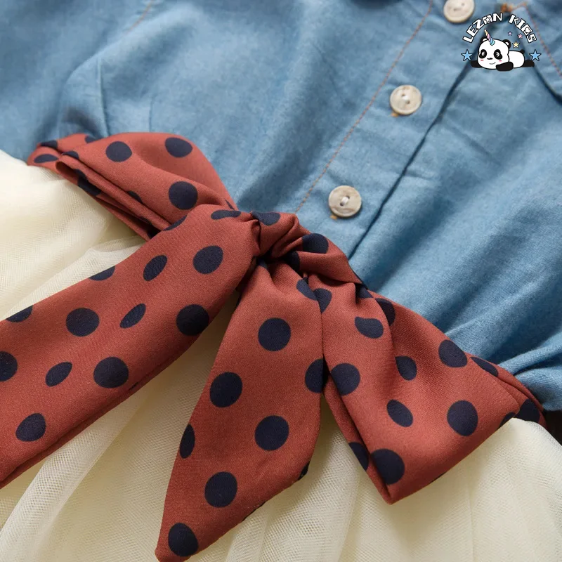 LEZONKIDS - Denim Long Sleeve Peter Pan Collar Tulle Hem Girls Dresses Casual Girls Clothing Dresses for Kids Girls